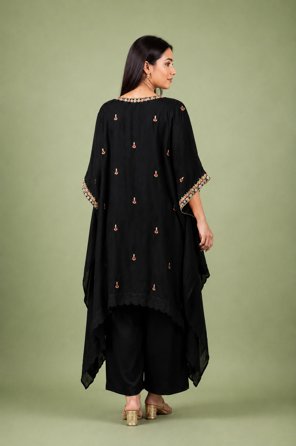 Black Georgette Kurta Set with Multicolor Floral Embroidery & Handwork Detailing
