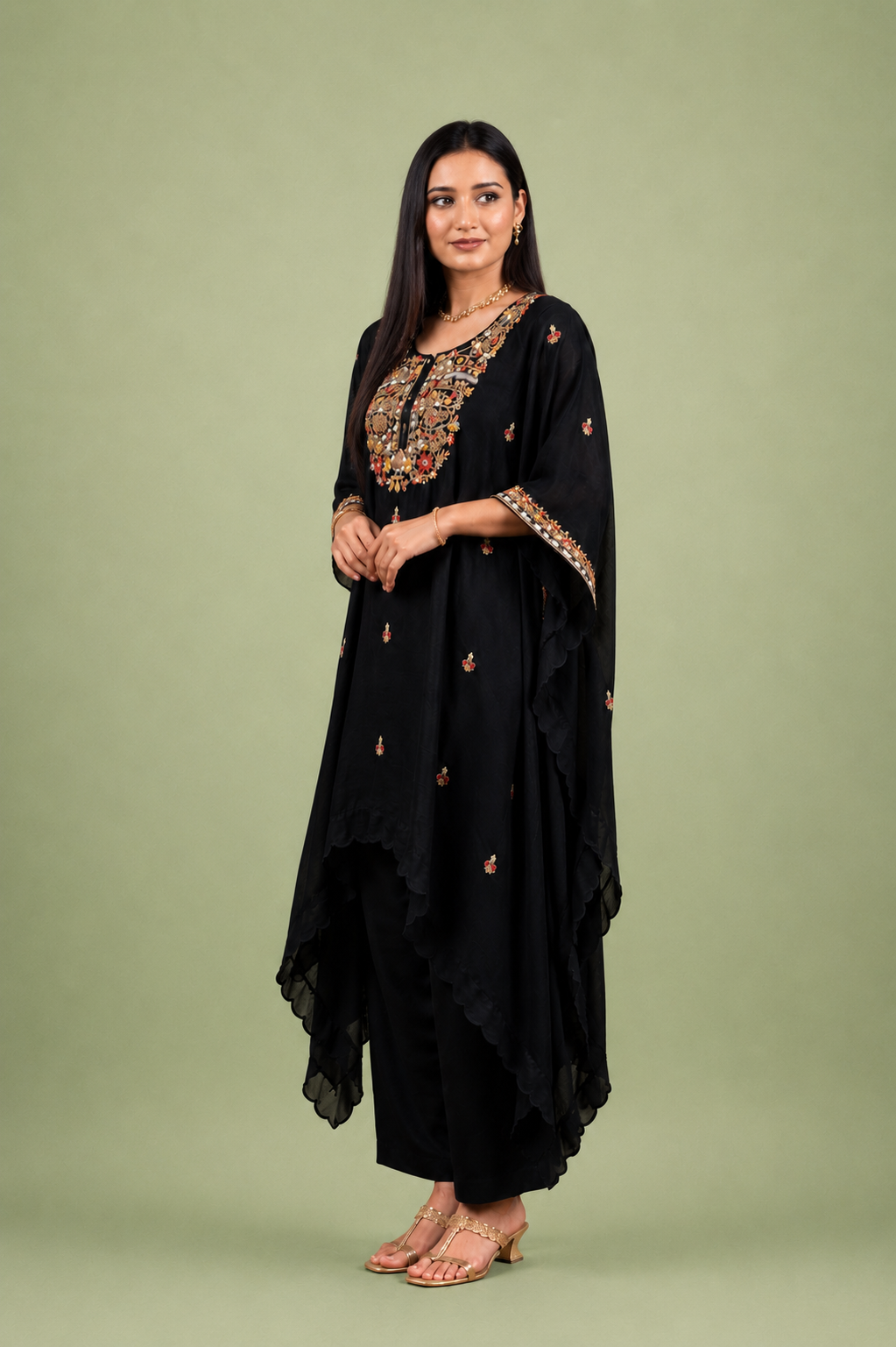 Black Georgette Kurta Set with Multicolor Floral Embroidery & Handwork Detailing