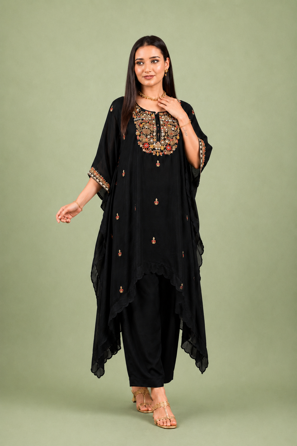 Black Georgette Kurta Set with Multicolor Floral Embroidery & Handwork Detailing