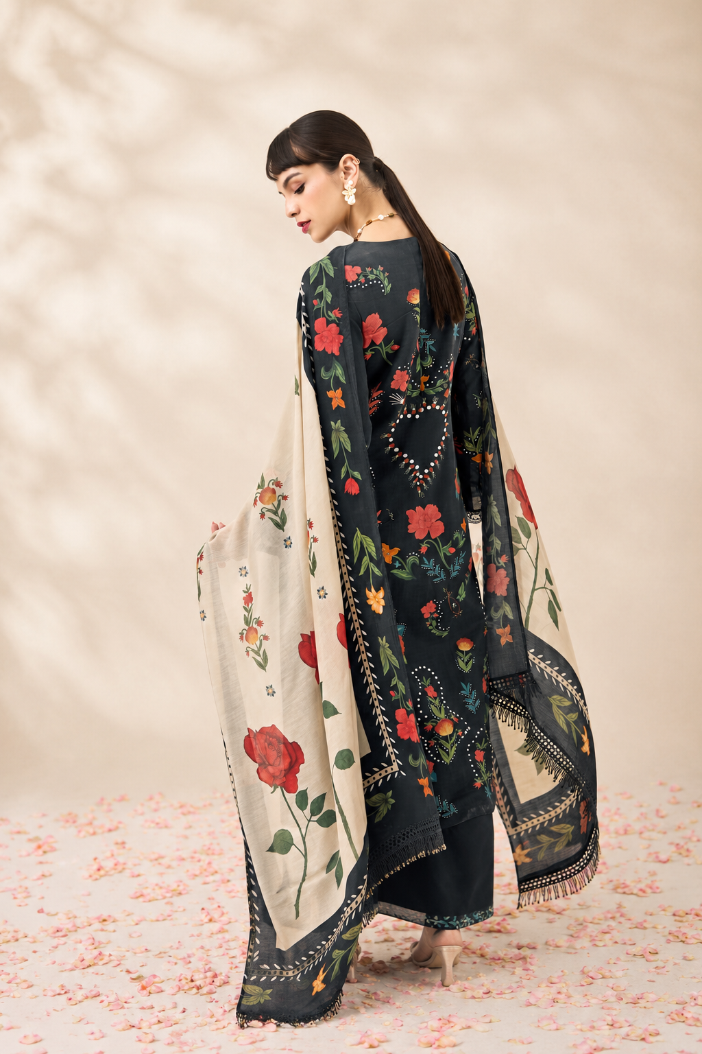 Black Pure Cotton Lawn Suit Set With Resham Embroidery, Digital Print & Scalloped Crochet Design