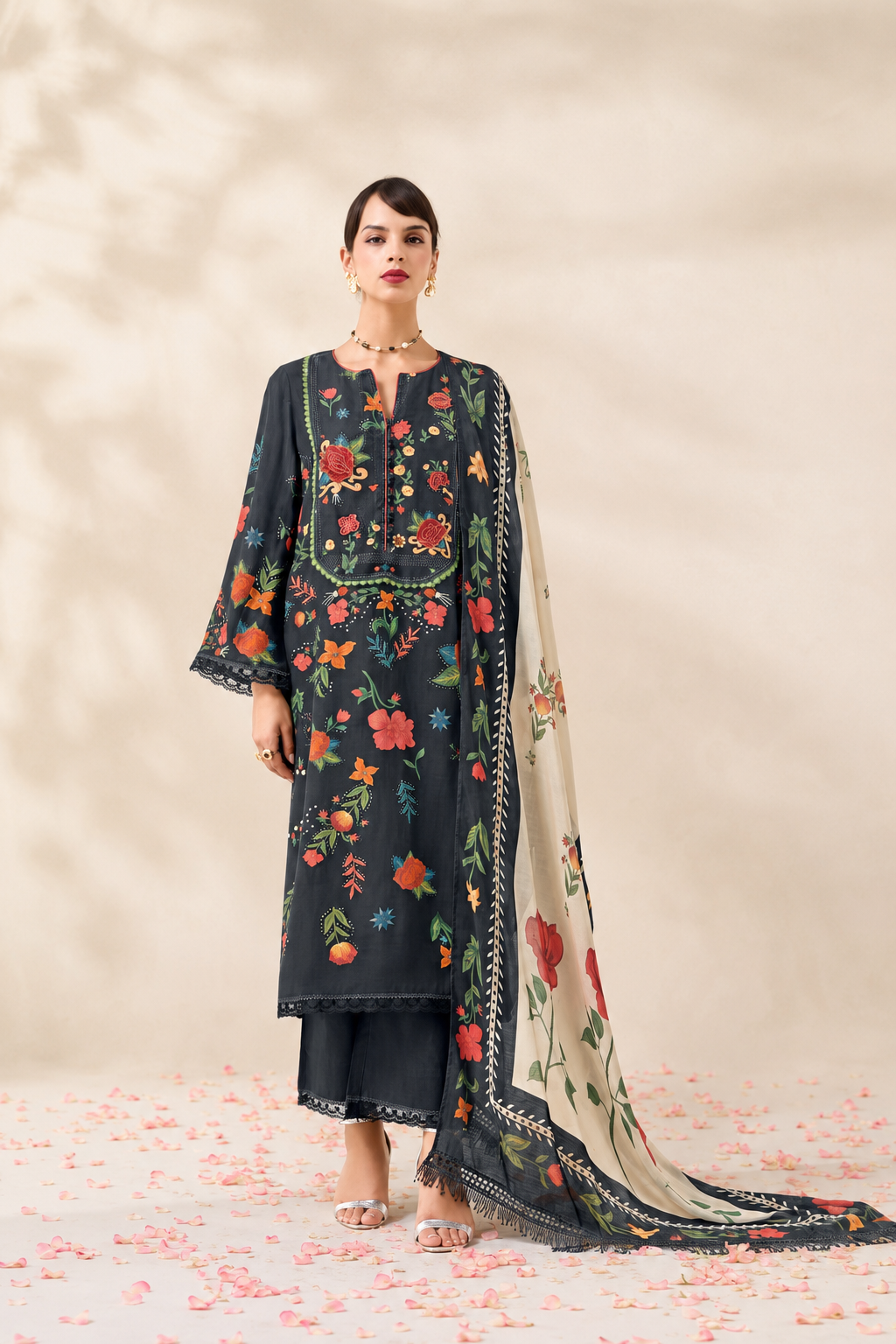 Black Pure Cotton Lawn Suit Set With Resham Embroidery, Digital Print & Scalloped Crochet Design
