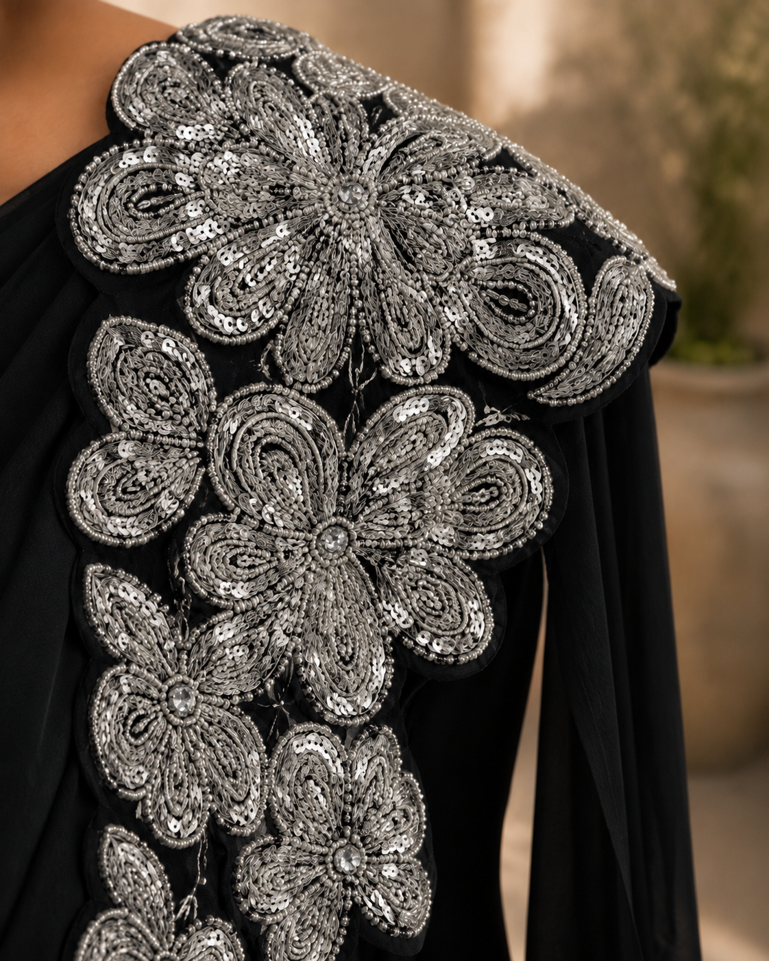 Black Lycra Pre-Draped Saree with Floral Embroidered Ready To Wear Blouse