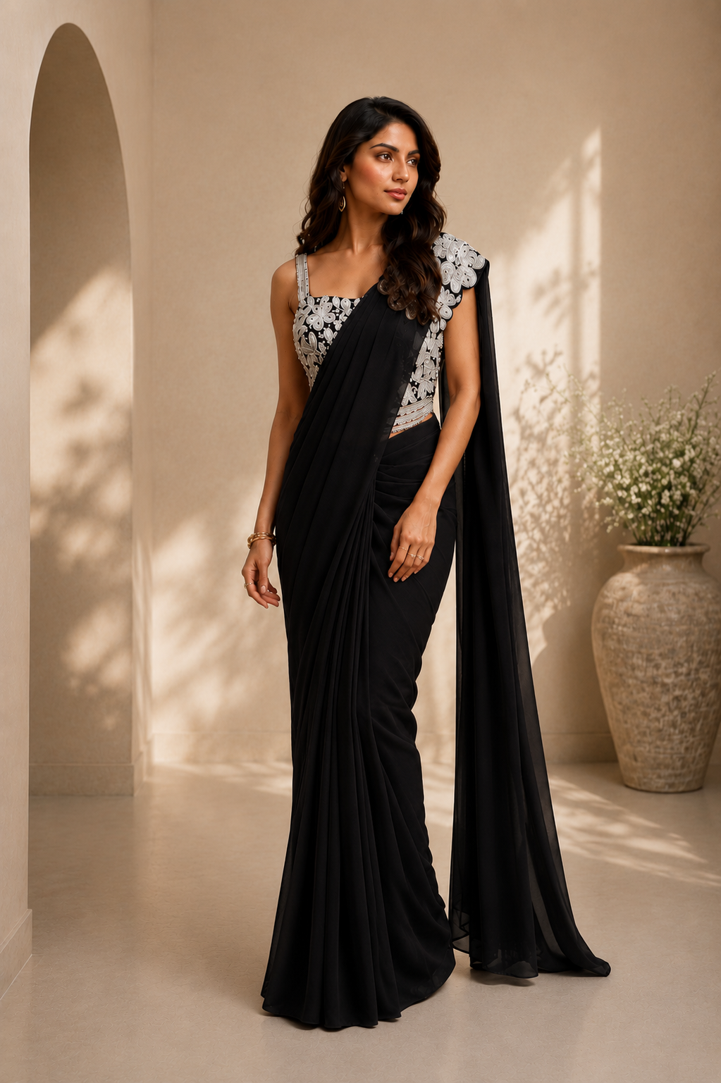Black Lycra Pre-Draped Saree with Floral Embroidered Ready To Wear Blouse