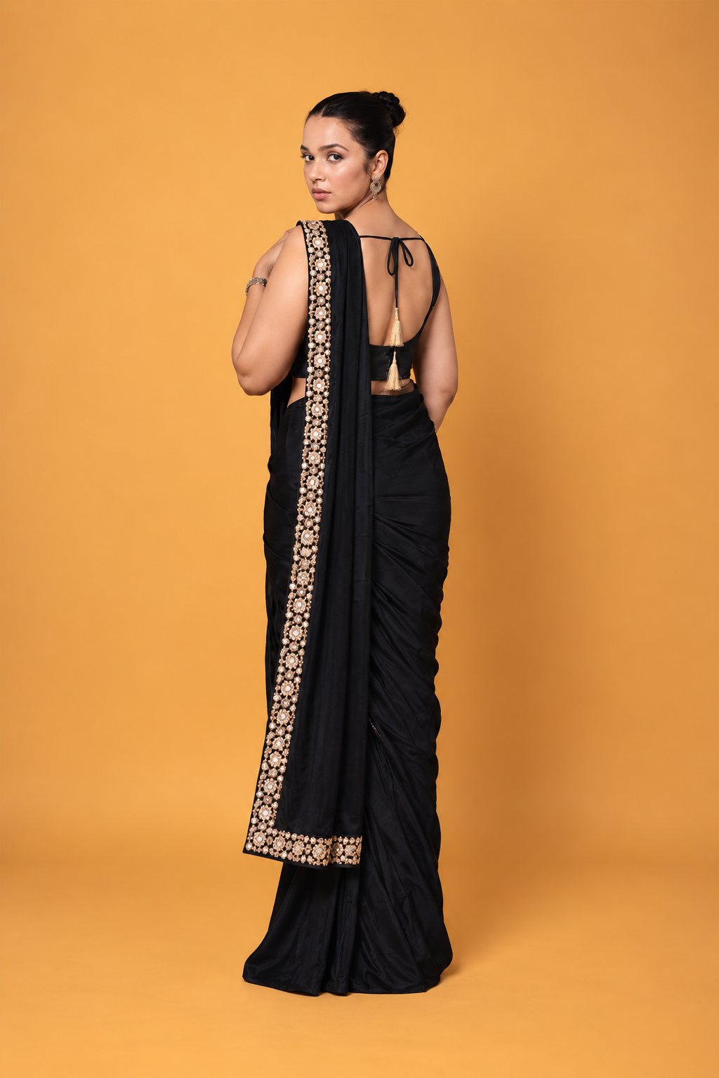 Black Satin Silk Pre-Draped Saree with Embroidered Border
