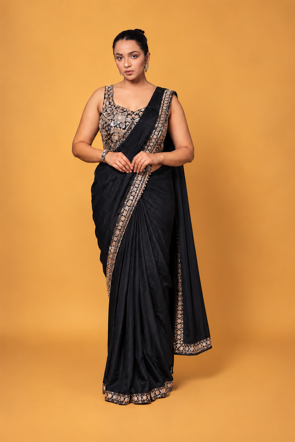 Black Satin Silk Pre-Draped Saree with Embroidered Border