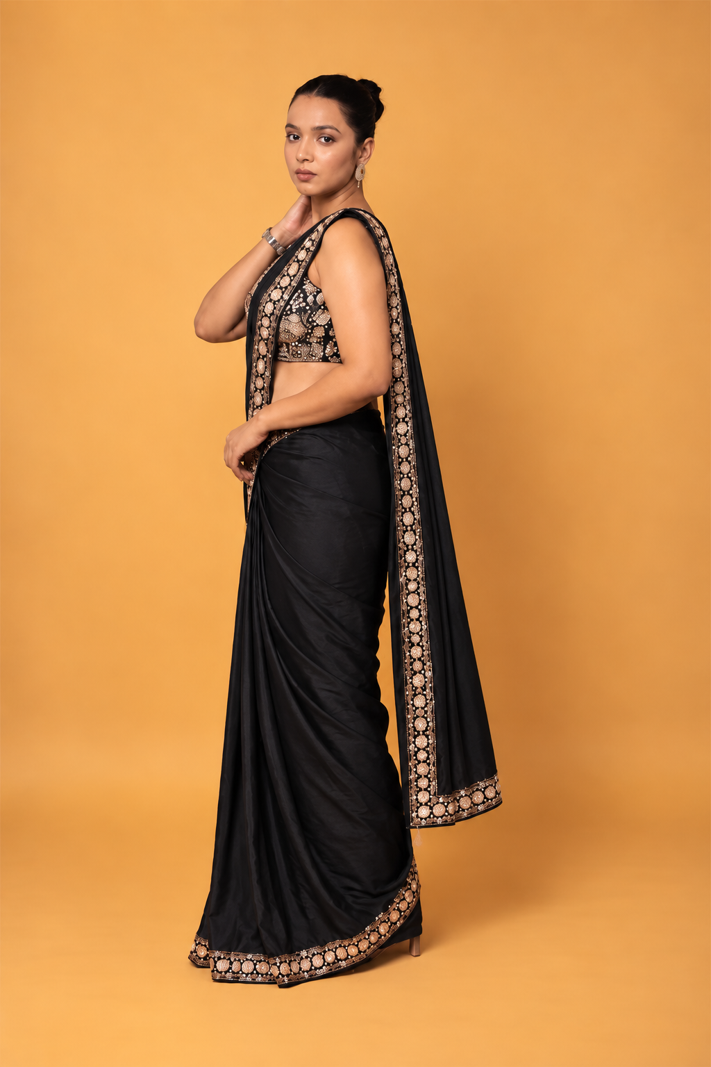 Black Satin Silk Pre-Draped Saree with Embroidered Border
