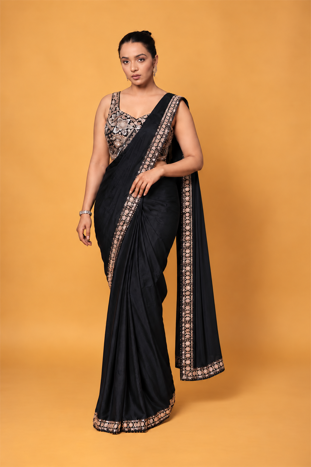 Black Satin Silk Pre-Draped Saree with Embroidered Border