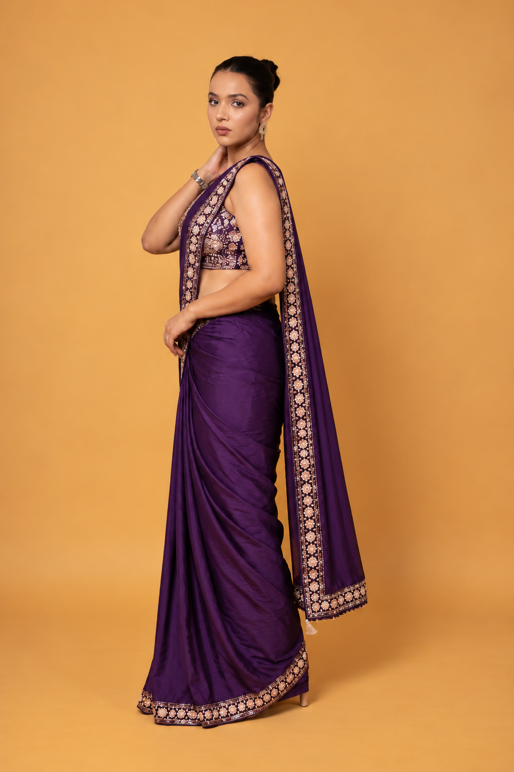 Dark Purple Satin Silk Pre-Draped Saree with Embroidered Border