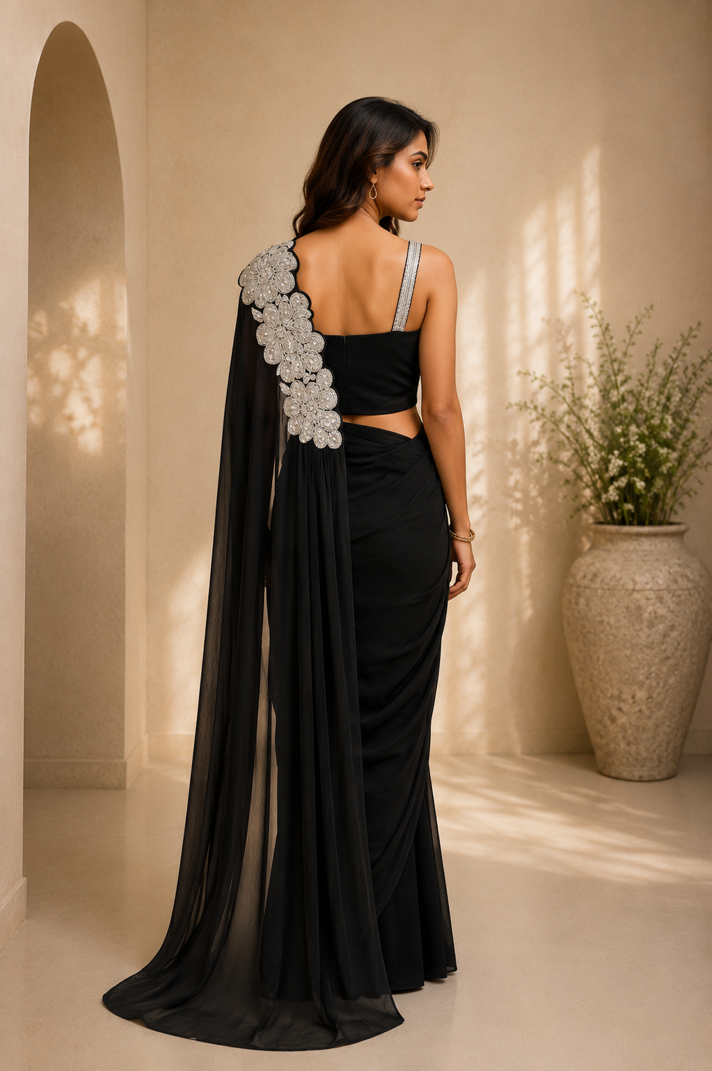 Black Lycra Pre-Draped Saree with Floral Embroidered Ready To Wear Blouse