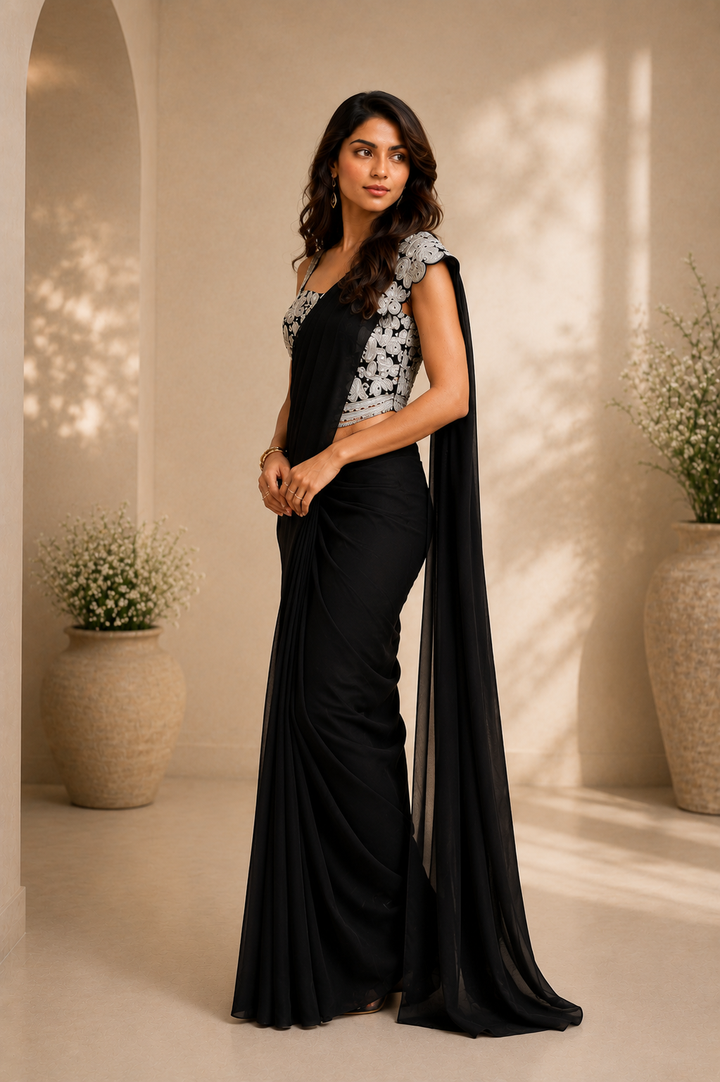 Black Lycra Pre-Draped Saree with Floral Embroidered Ready To Wear Blouse