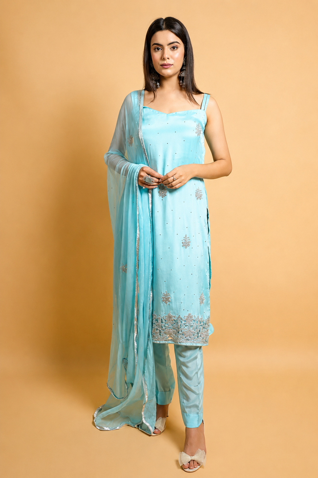 Sky Blue Swarovski Cutwork Suit with Padded Sleeveless Design