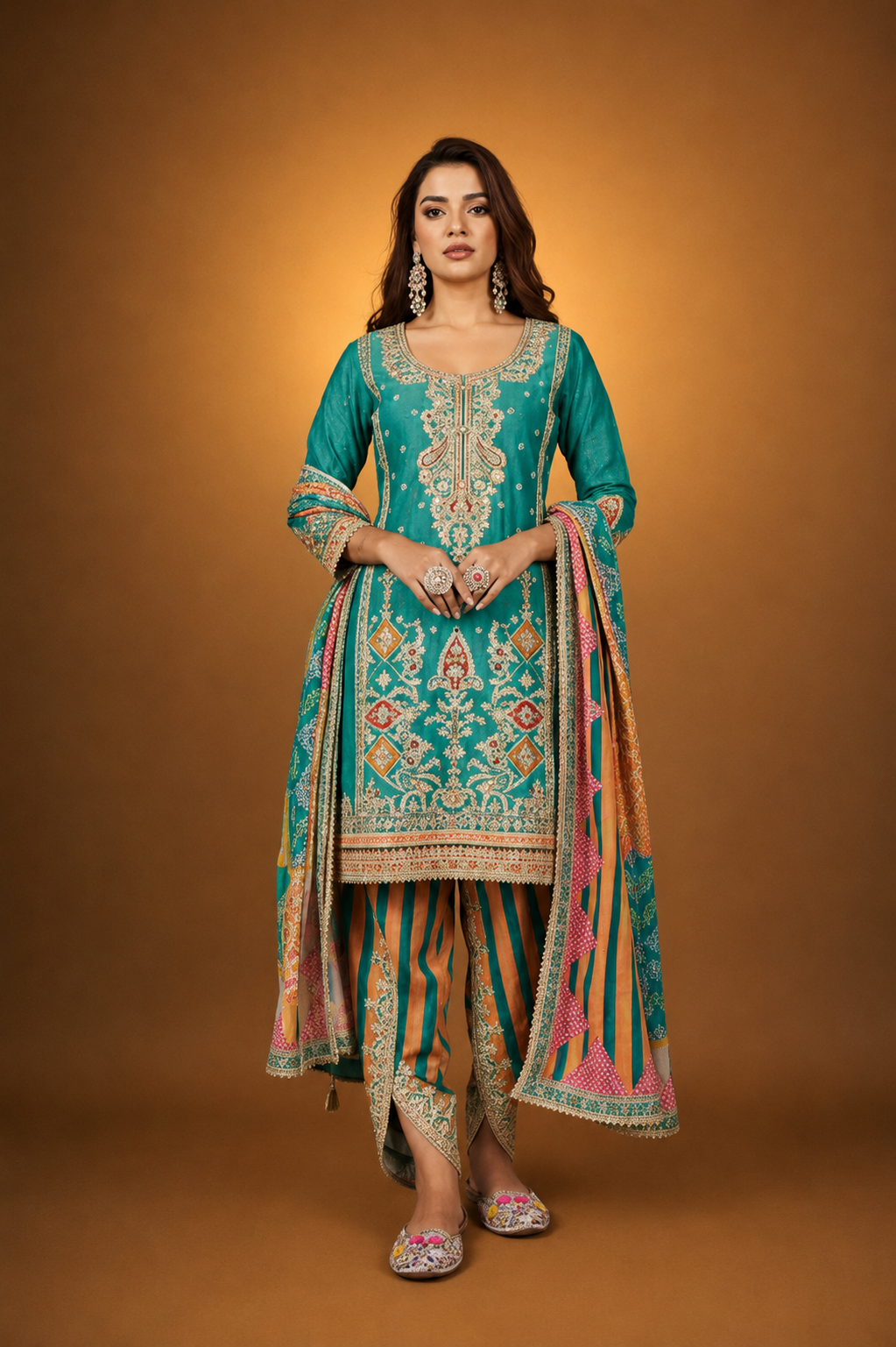 Green Silk Suit with Zari Embroidery with Designer Dhoti Pant & Dupatta