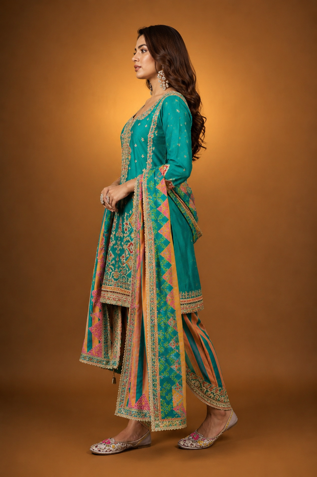 Green Silk Suit with Zari Embroidery with Designer Dhoti Pant & Dupatta
