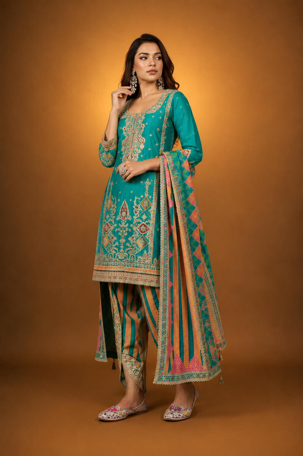Green Silk Suit with Zari Embroidery with Designer Dhoti Pant & Dupatta