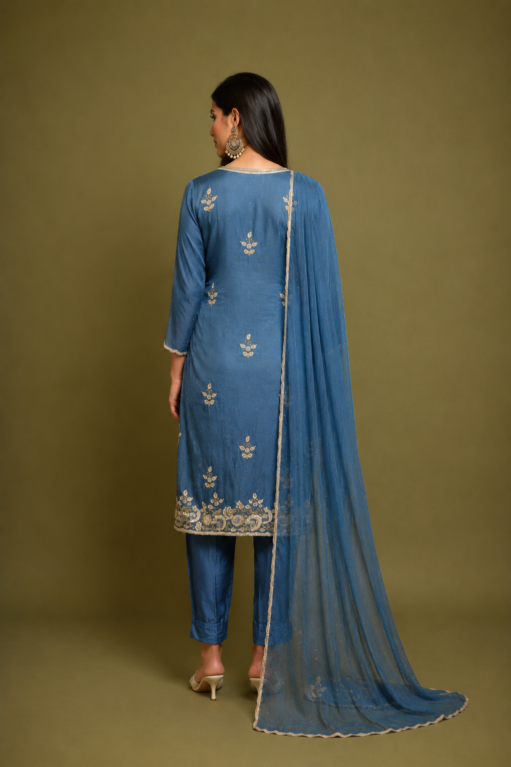 Dark Gray-Blue Chiffon Hand-Embroidered Suit