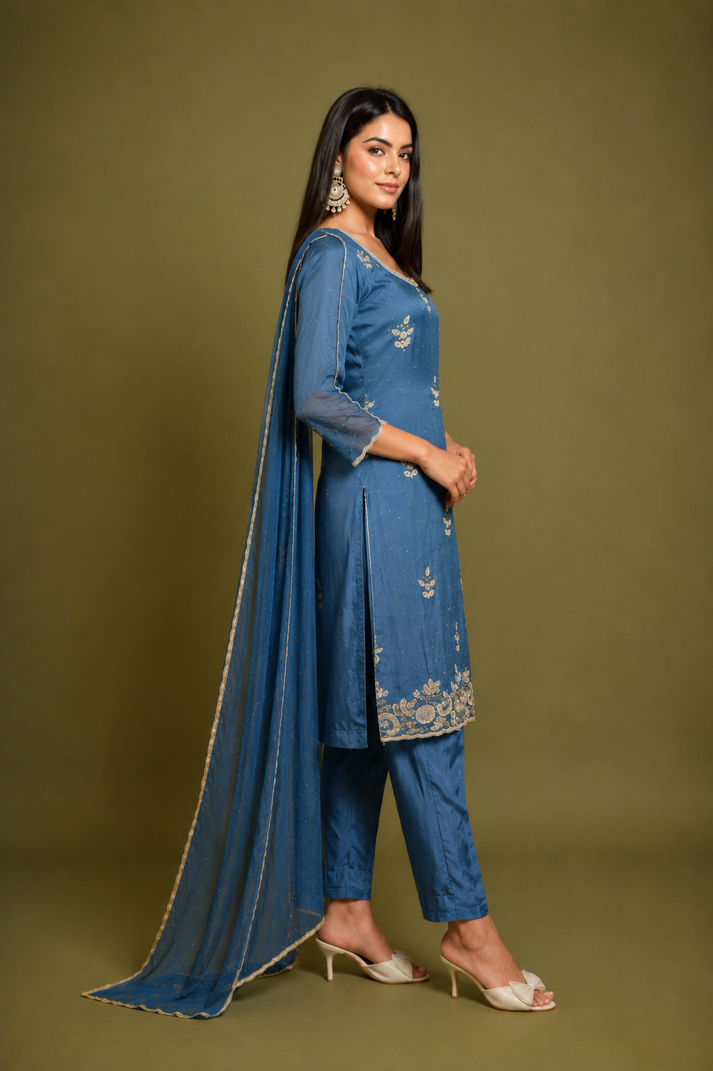 Dark Gray-Blue Chiffon Hand-Embroidered Suit