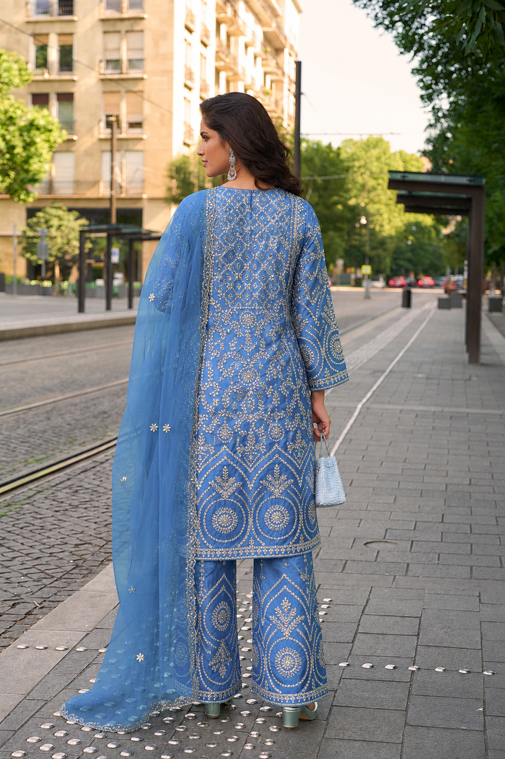 Sky Blue Silk Kurta Suit with Golden Zari Embroidery with Designer Pant & Embroidered Dupatta