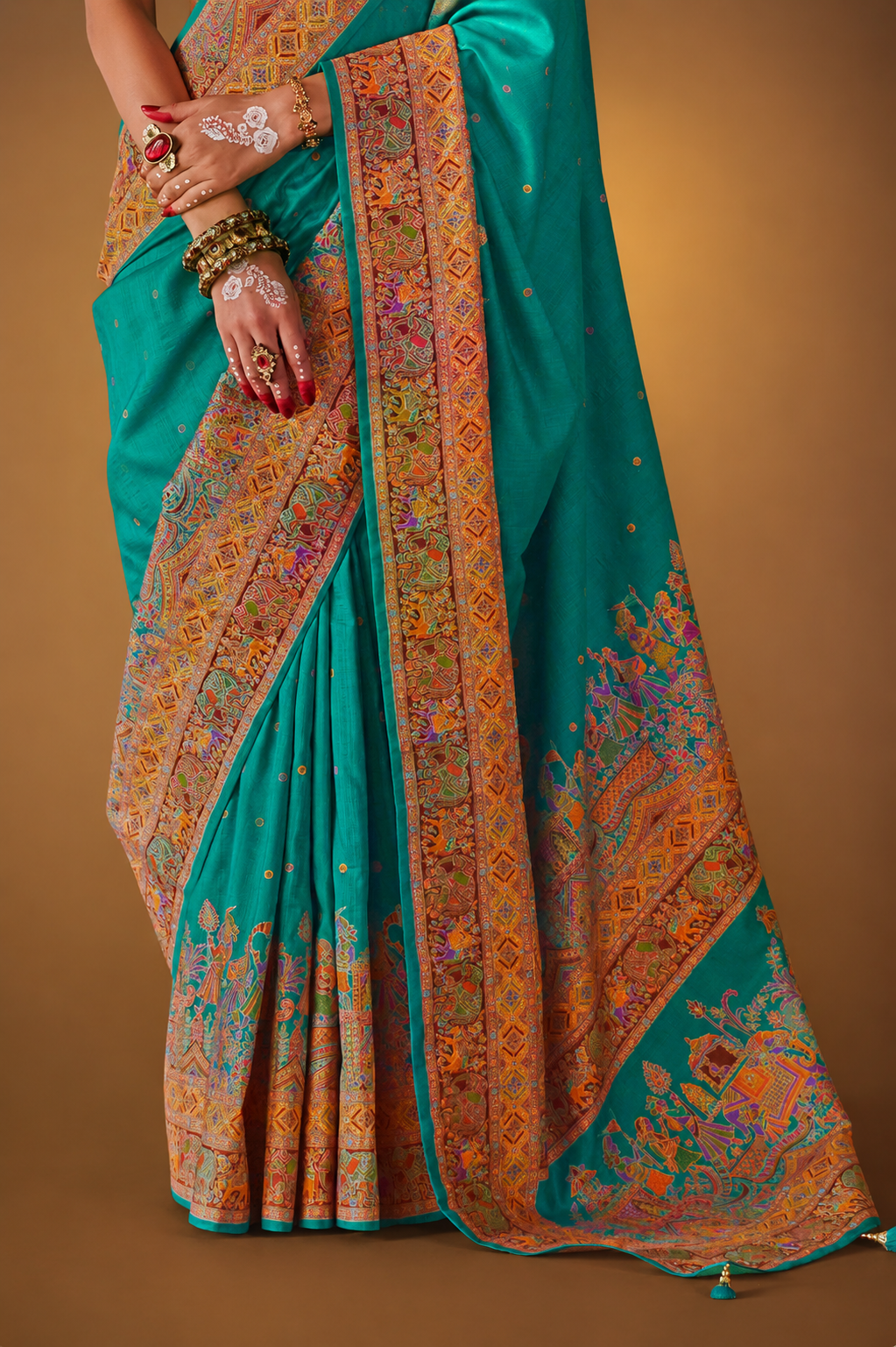 Aqua Blue Green Raw Silk Saree with Heritage Prints