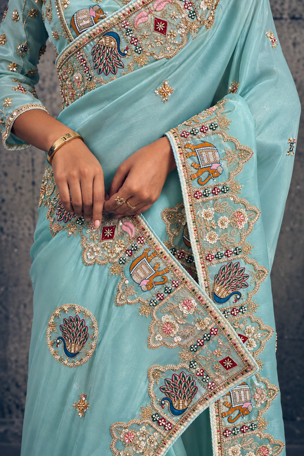 Light Teal Green Organza Saree with Peacock Embroidery