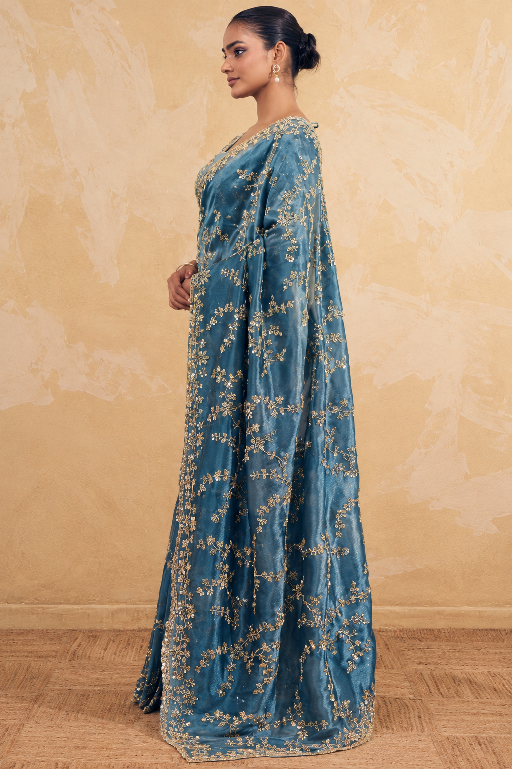 Aqua Blue Organza Saree with Embroidery work