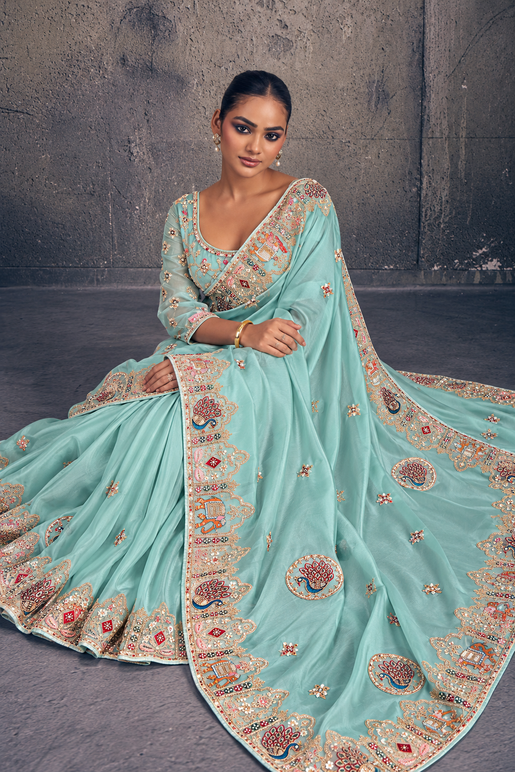 Light Teal Green Organza Saree with Peacock Embroidery