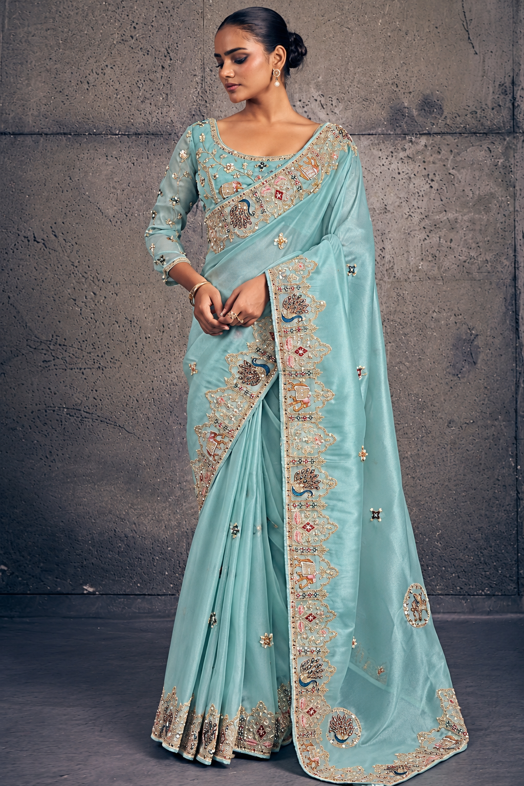 Light Teal Green Organza Saree with Peacock Embroidery