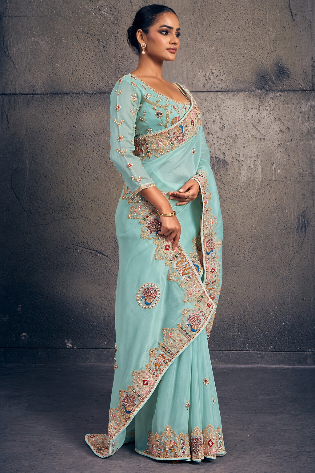 Light Teal Green Organza Saree with Peacock Embroidery