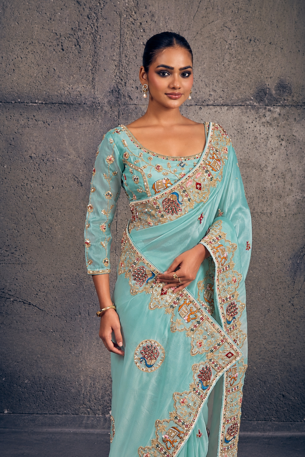 Light Teal Green Organza Saree with Peacock Embroidery