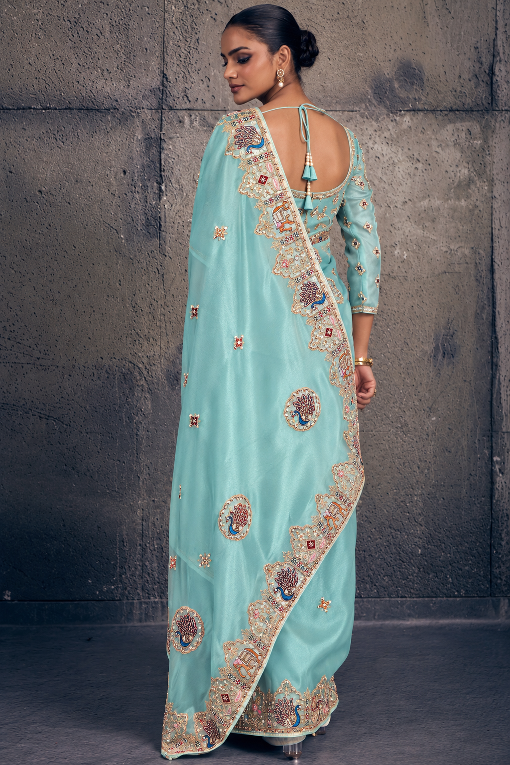 Light Teal Green Organza Saree with Peacock Embroidery