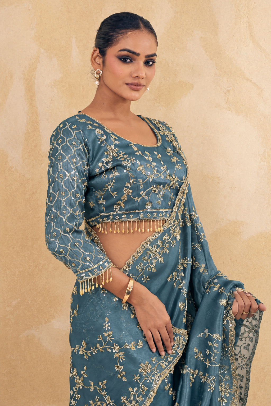 Aqua Blue Organza Saree with Embroidery work