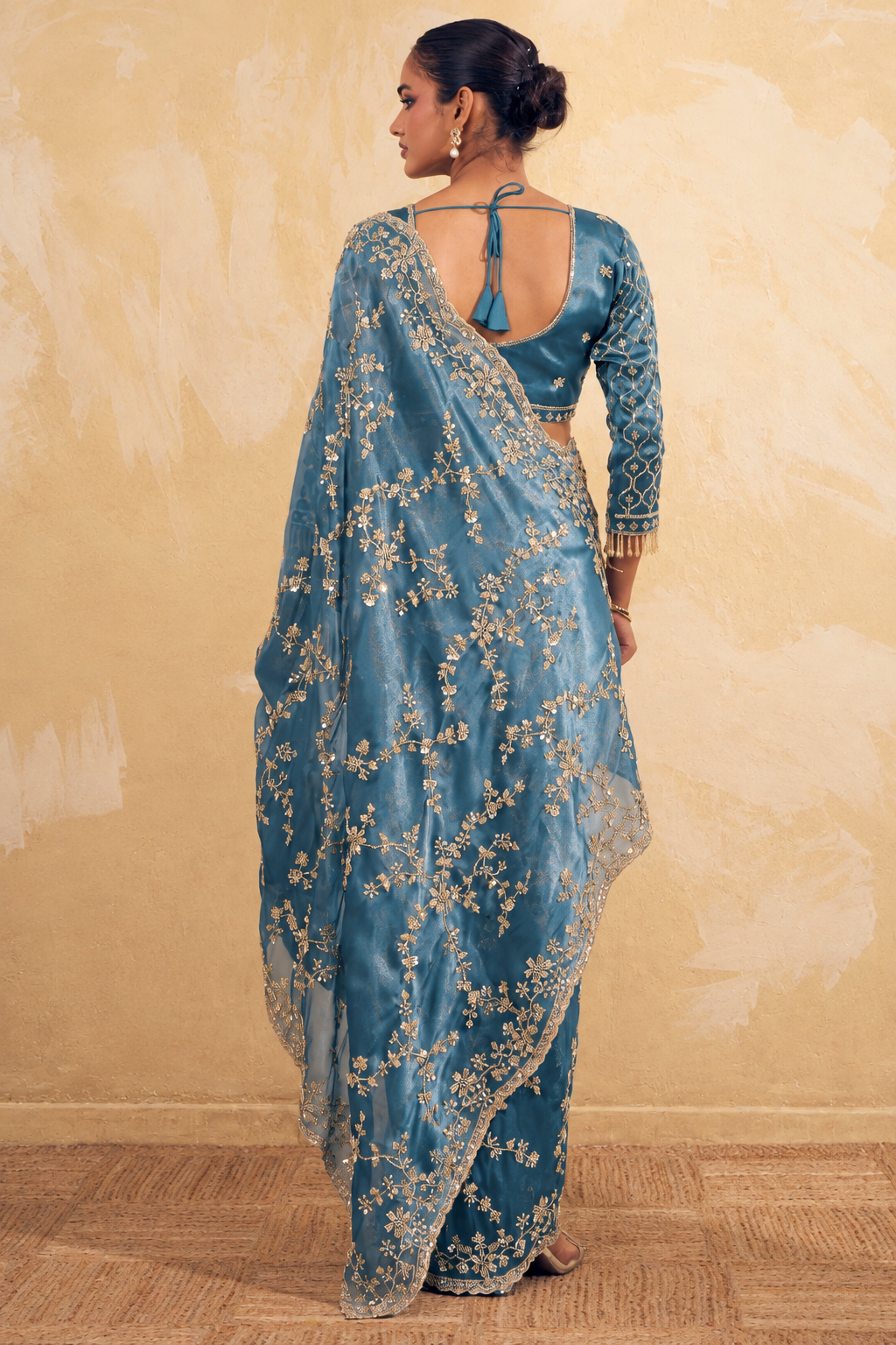 Aqua Blue Organza Saree with Embroidery work