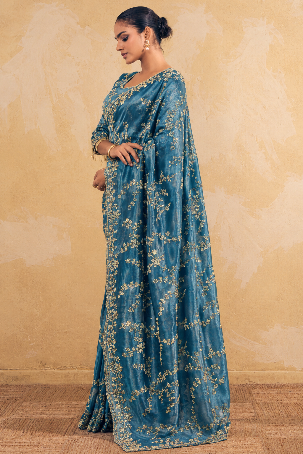 Aqua Blue Organza Saree with Embroidery work