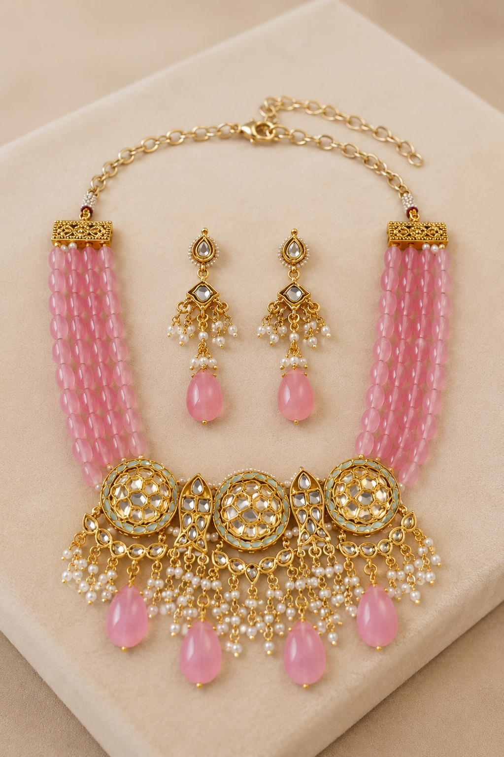 Rose Pink Beads Kundan Necklace Jewellery