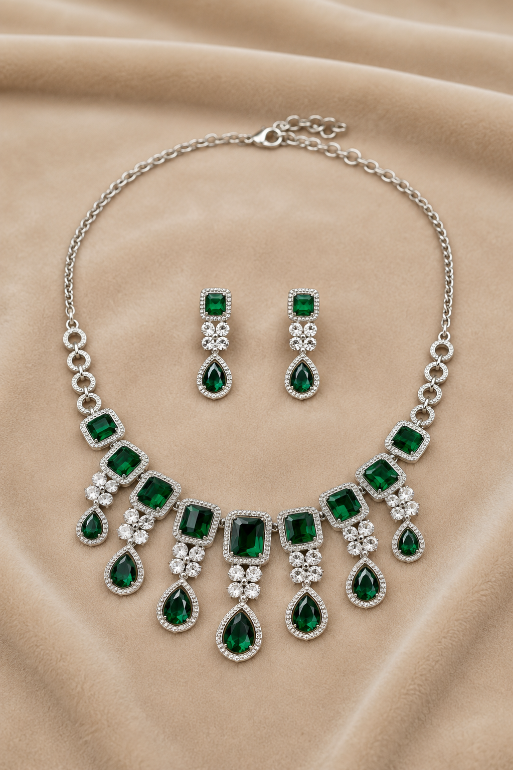 Emerald Stone Choker Necklace Set with Crystal Drop Detailing