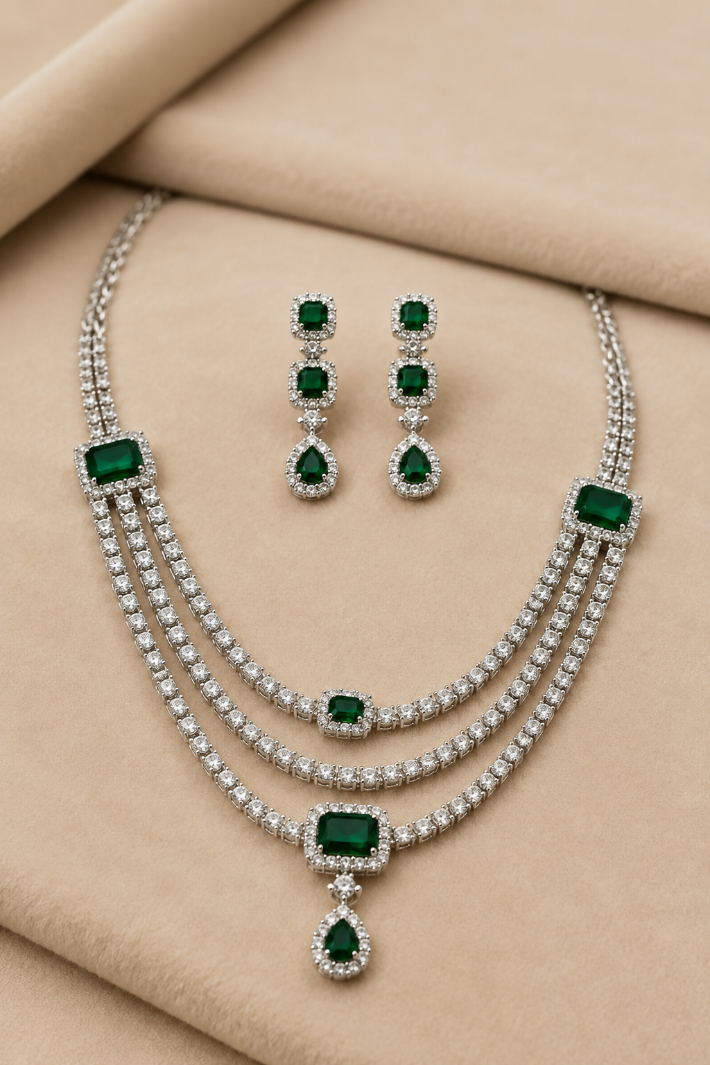 Royal Emerald Green Square-Cut American Diamond 3-Layer Necklace Set