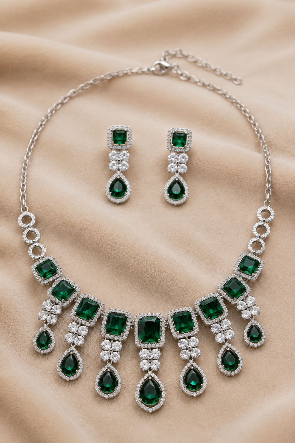 Emerald Stone Choker Necklace Set with Crystal Drop Detailing