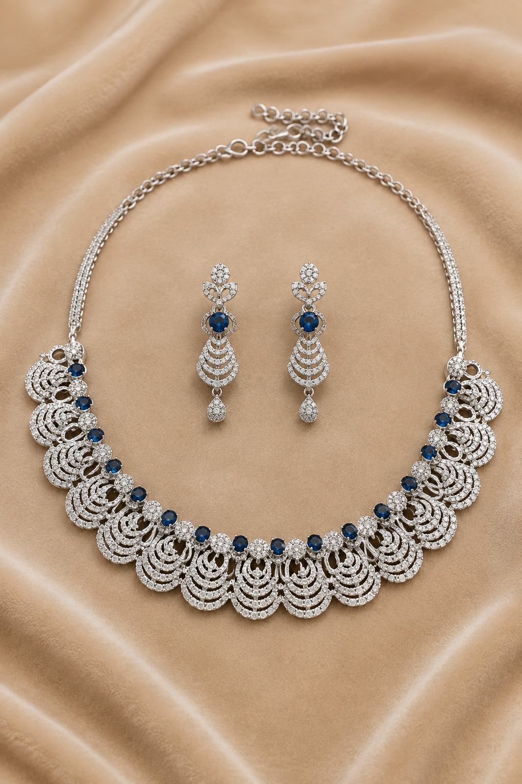 Midnight Blue Square-Cut Stone Necklace Set with Layered Diamond Fan Motif
