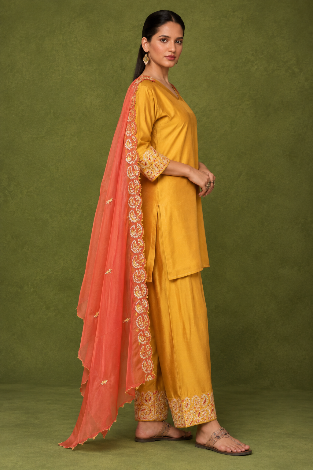 Mustard Silk Farsi Set With Zari Embroidery