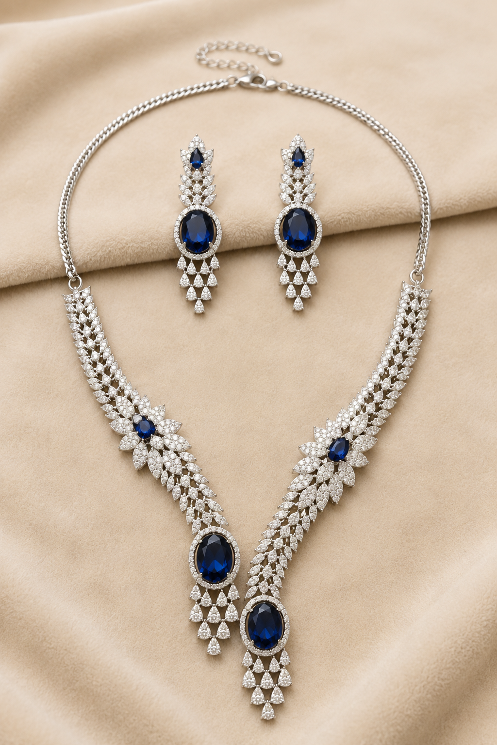 Blue & Silver-Tone Oval shaped American Diamond Necklace Set with Floral Motif
