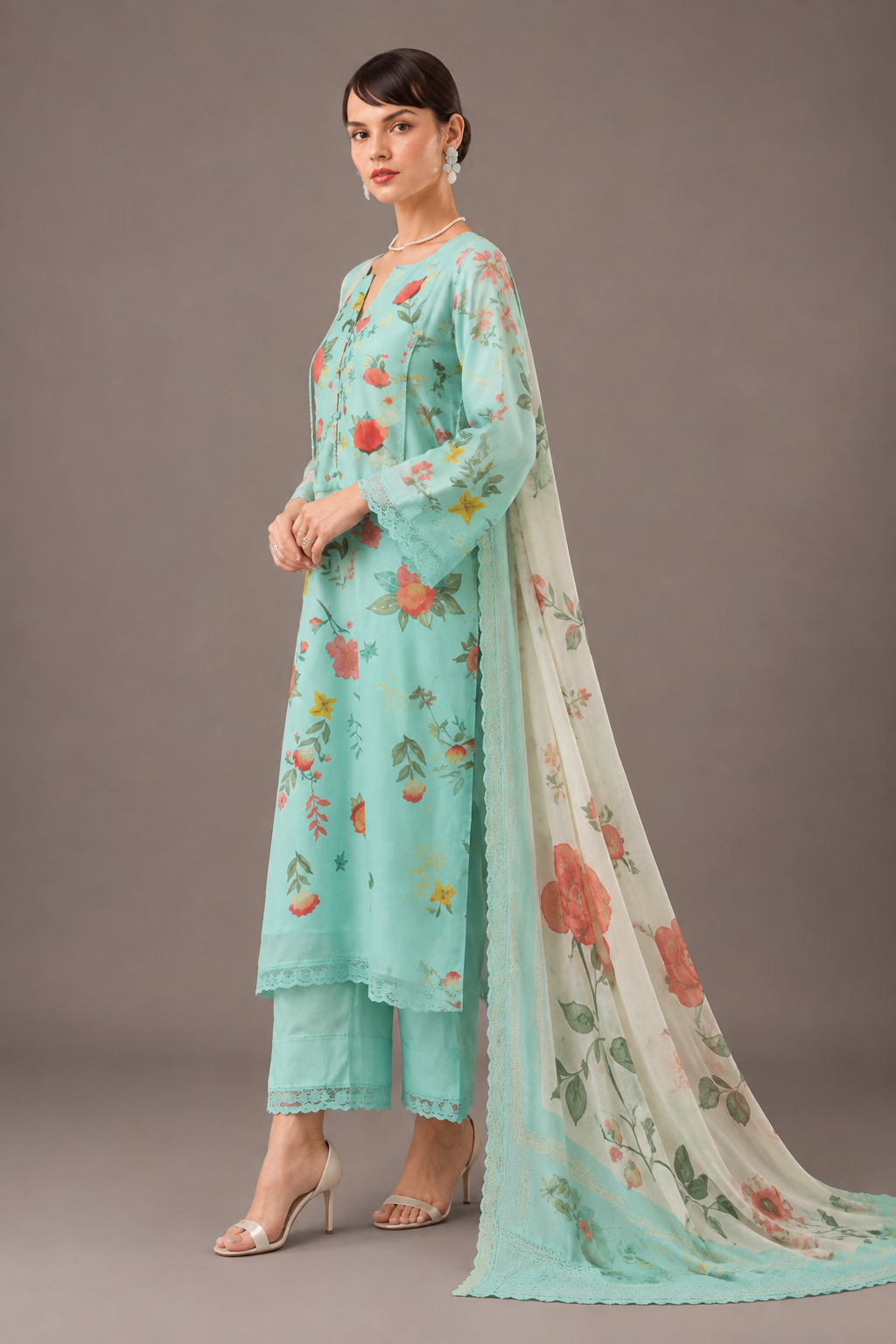 Green Cotton Lawn Suit Set Digital Print With Resham Embroidery