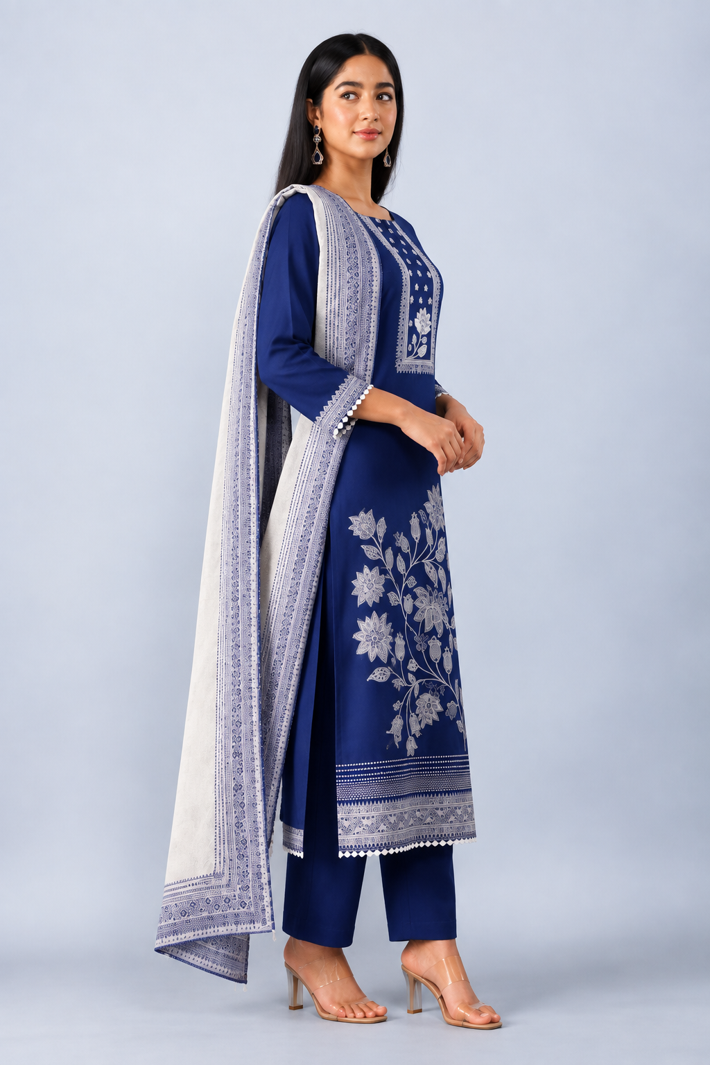Royal Blue Bemberg Banarasi Jamdani Suit Set With Crochet Lace
