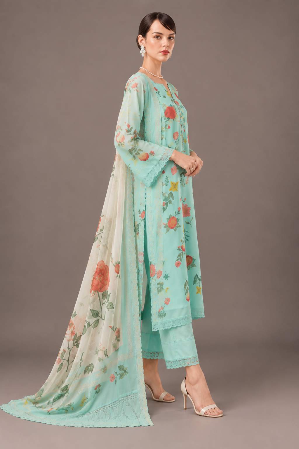 Green Cotton Lawn Suit Set Digital Print With Resham Embroidery