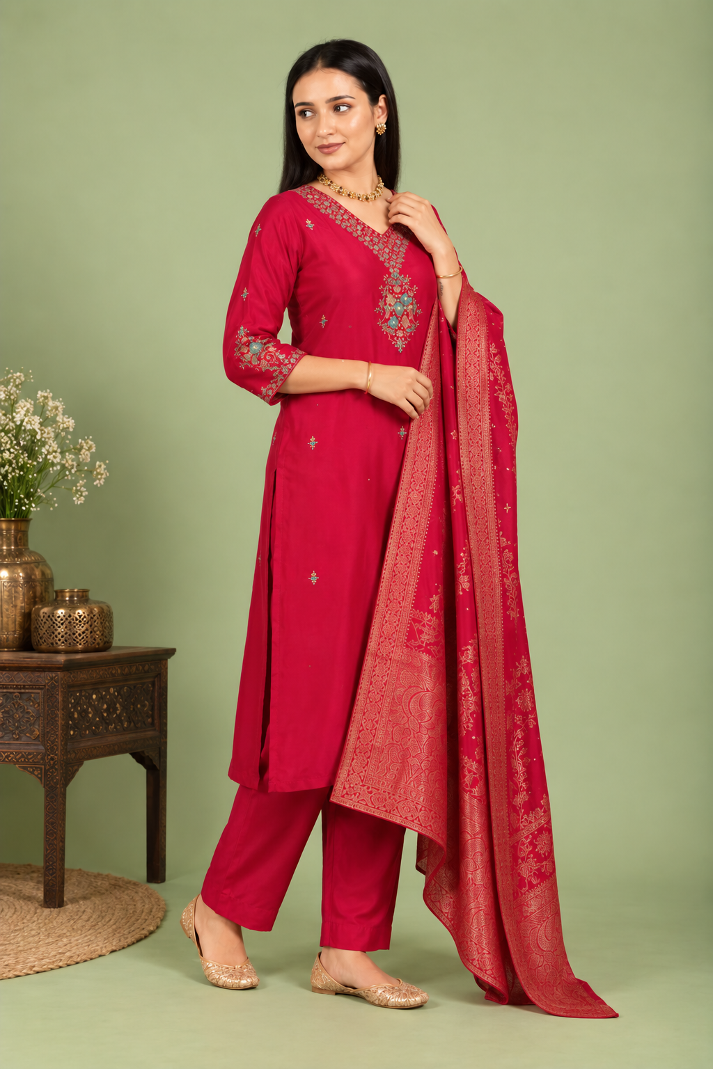 Red Crepe Silk Straight Kurta with Straight Pant and Zardosi Work