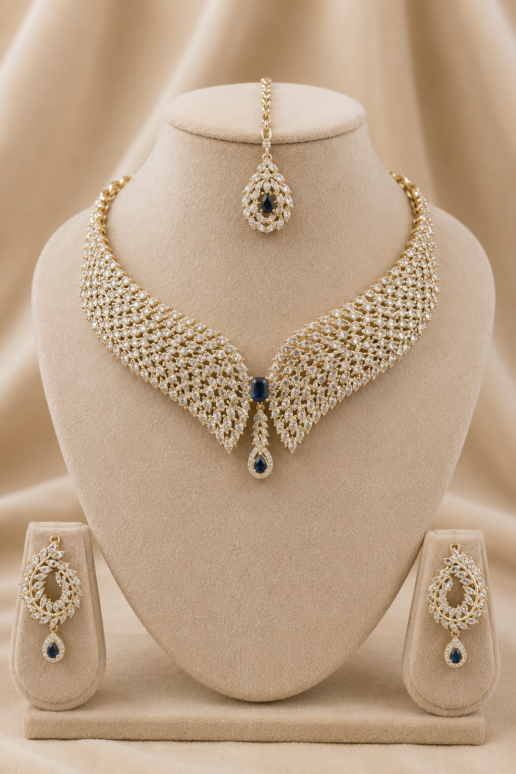 Gold Curved Diamond Collar Necklace with Midnight Blue Center Stone & Matching Stud Earrings
