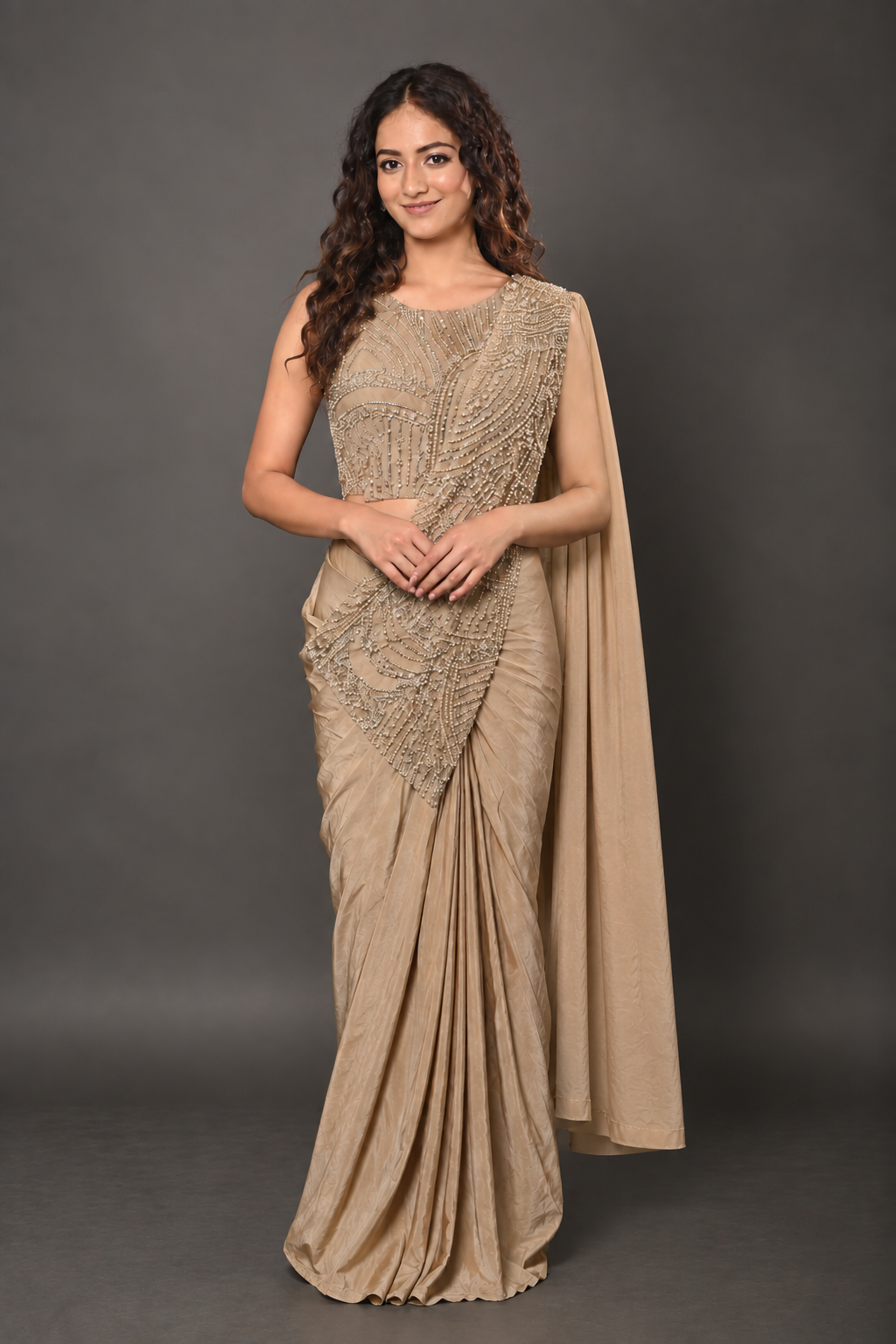 Champagne Beige Lycra Pre-Draped Saree with Sequin Embroidered Blouse