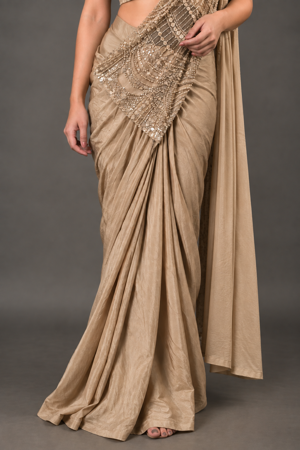 Champagne Beige Lycra Pre-Draped Saree with Sequin Embroidered Blouse