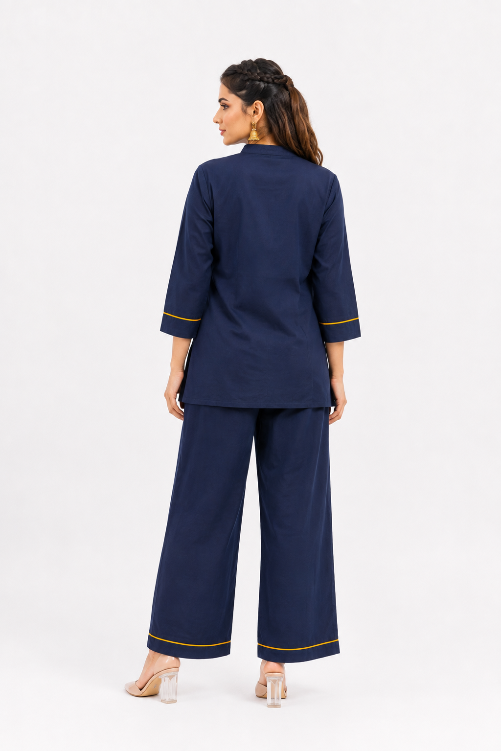 Navy Blue & Mustard Yellow Cotton Co-Ord Set with Abstract Floral Patch Work