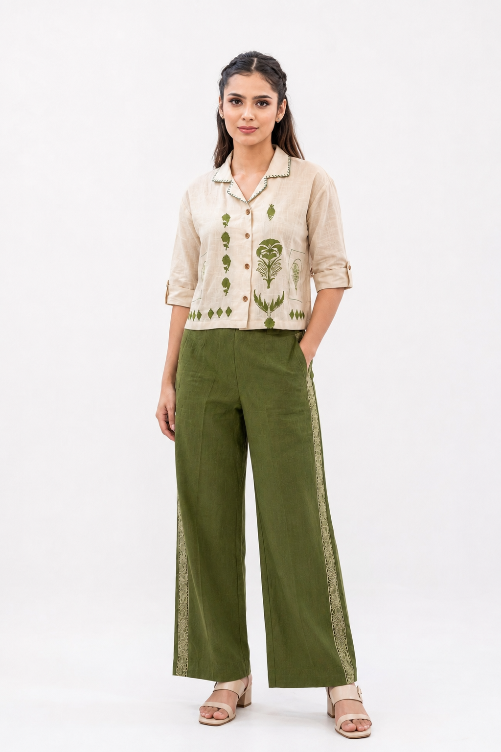 White & Olive Green Linen Cotton Co-Ord Set with Botanical Block Print