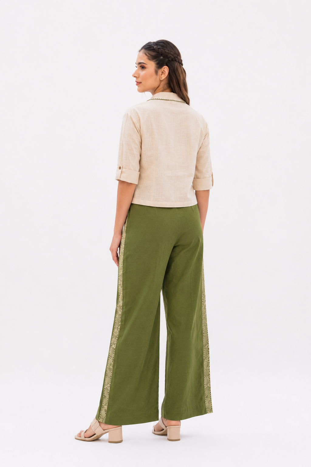 White & Olive Green Linen Cotton Co-Ord Set with Botanical Block Print