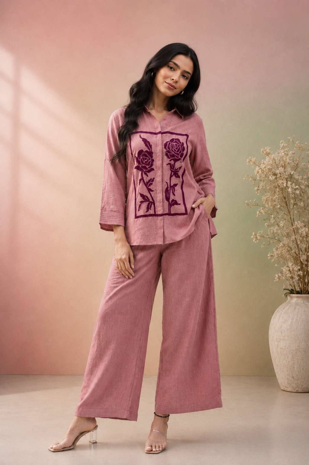 Onion Pink Jute Cotton Co-Ord Set with Floral Patch Work